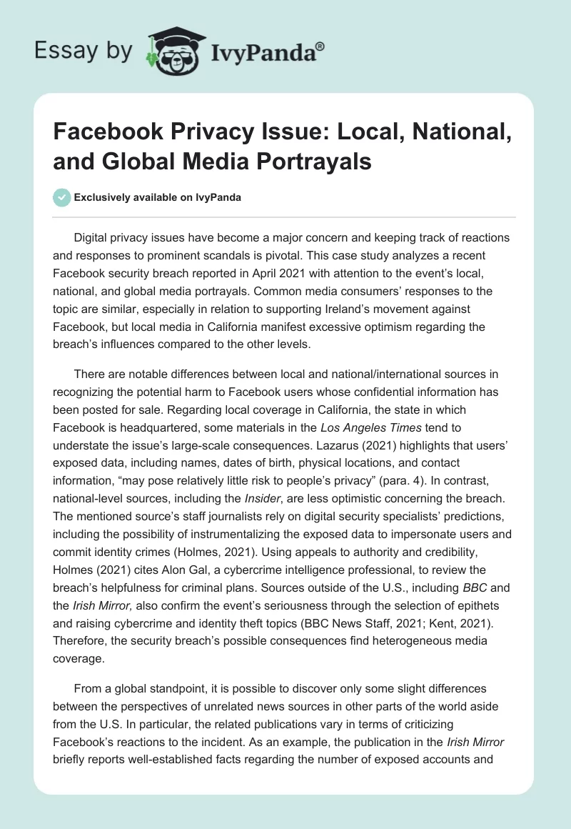 Facebook Privacy Issue: Local, National, and Global Media Portrayals. Page 1
