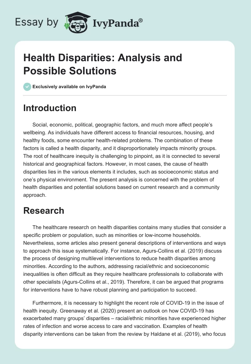 Health Disparities: Analysis and Possible Solutions. Page 1