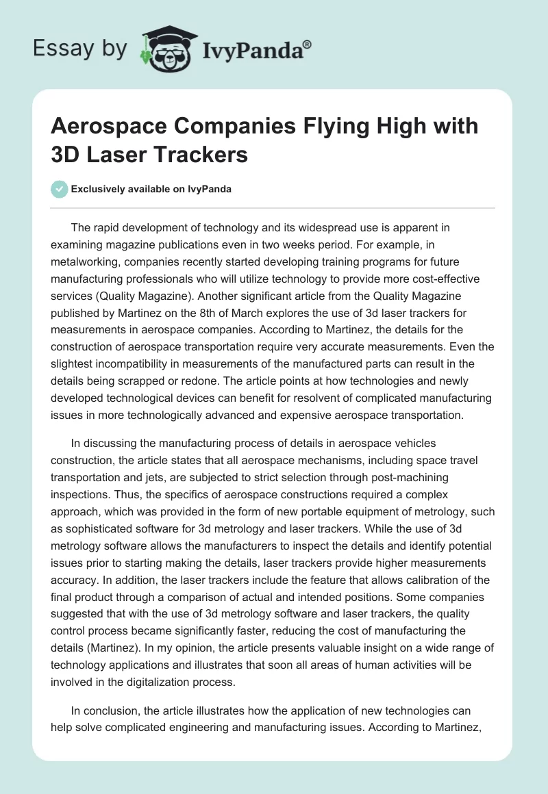 Aerospace Companies Flying High with 3D Laser Trackers. Page 1