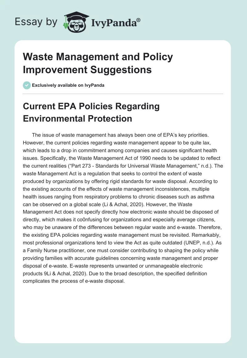 Waste Management and Policy Improvement Suggestions. Page 1