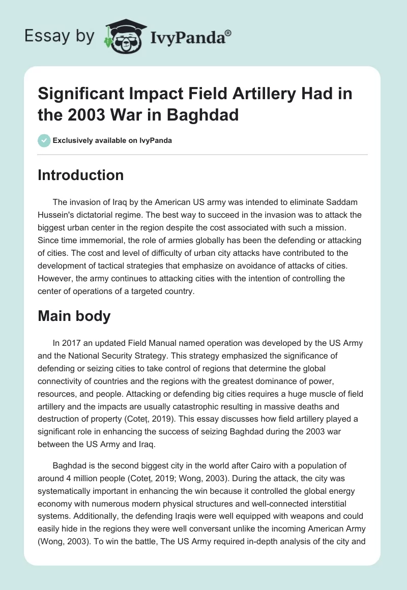Significant Impact Field Artillery Had in the 2003 War in Baghdad. Page 1