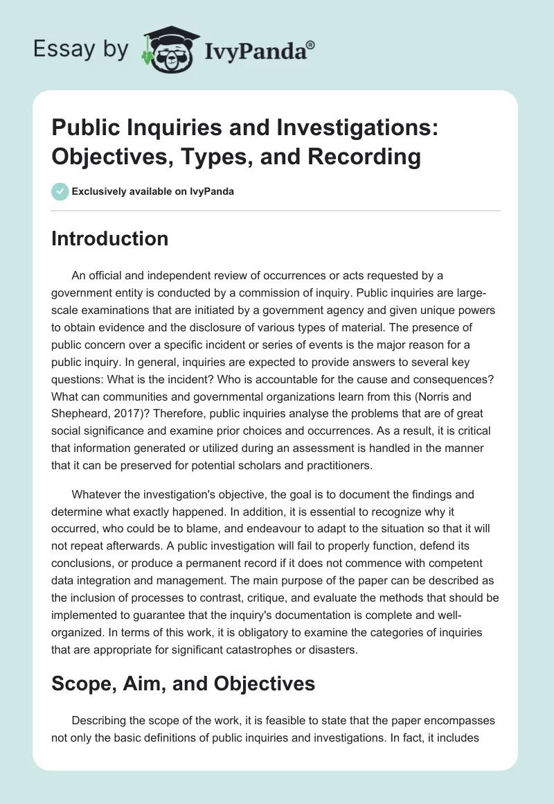 Public Inquiries and Investigations: Objectives, Types, and Recording. Page 1