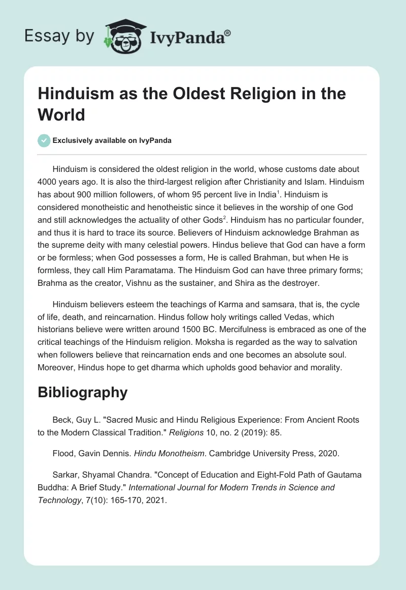 Hinduism as the Oldest Religion in the World. Page 1