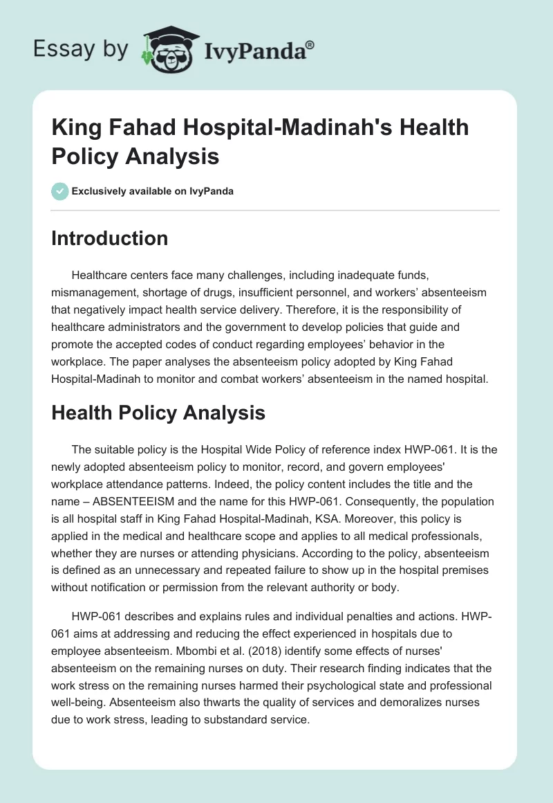 King Fahad Hospital-Madinah's Health Policy Analysis. Page 1