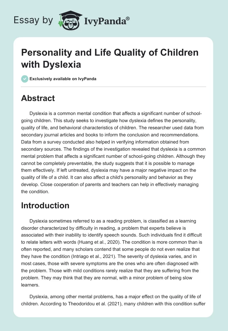 Personality and Life Quality of Children with Dyslexia. Page 1
