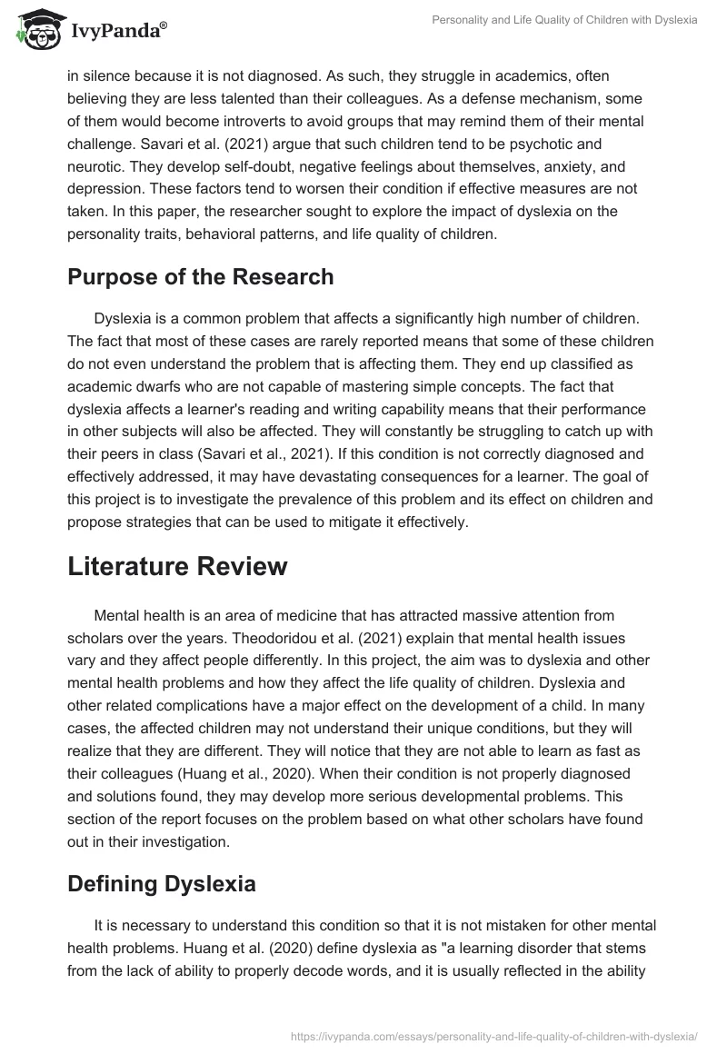 Personality and Life Quality of Children with Dyslexia. Page 2