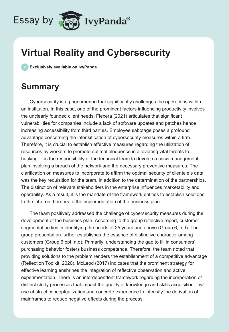 Virtual Reality and Cybersecurity. Page 1