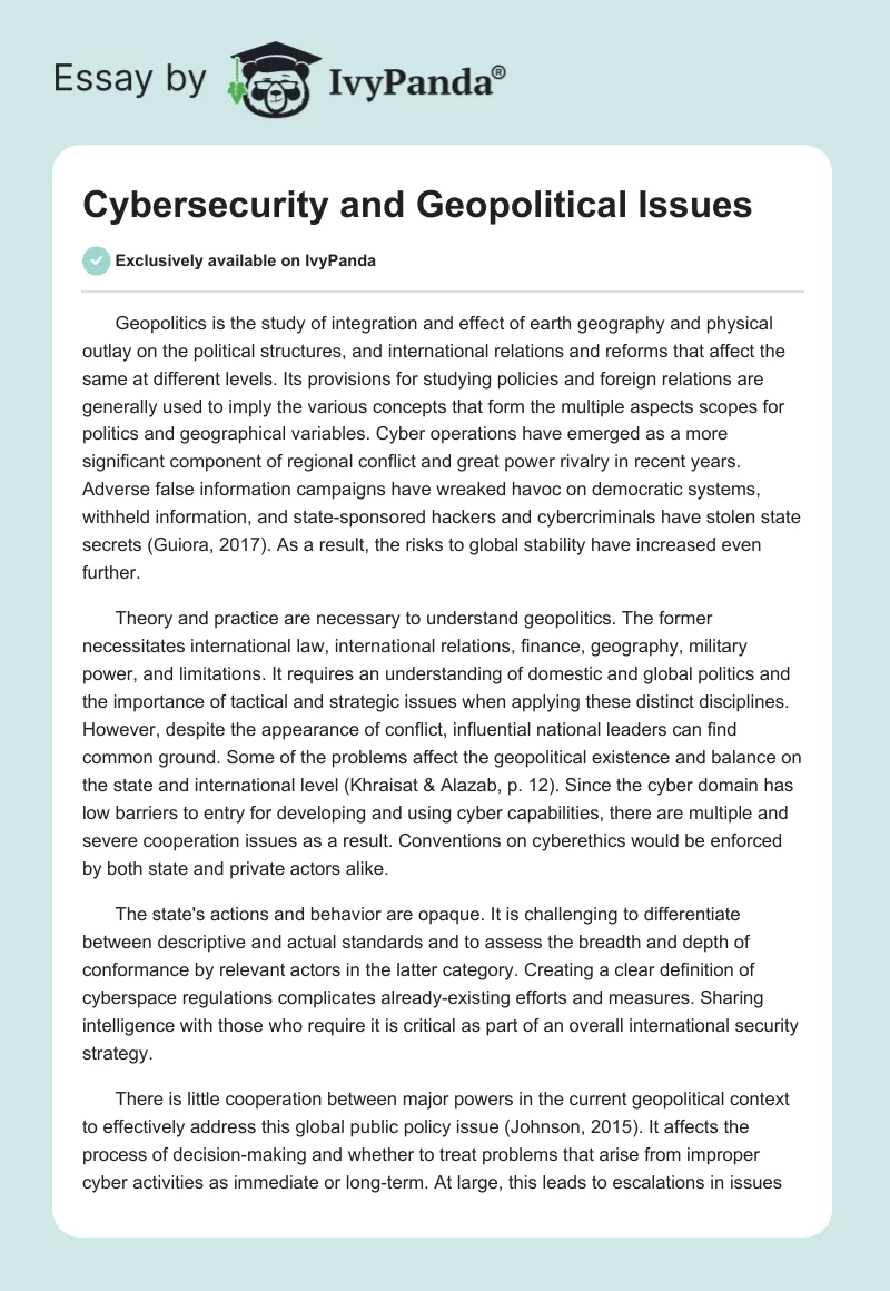 Cybersecurity And Geopolitical Issues 606 Words Essay Example
