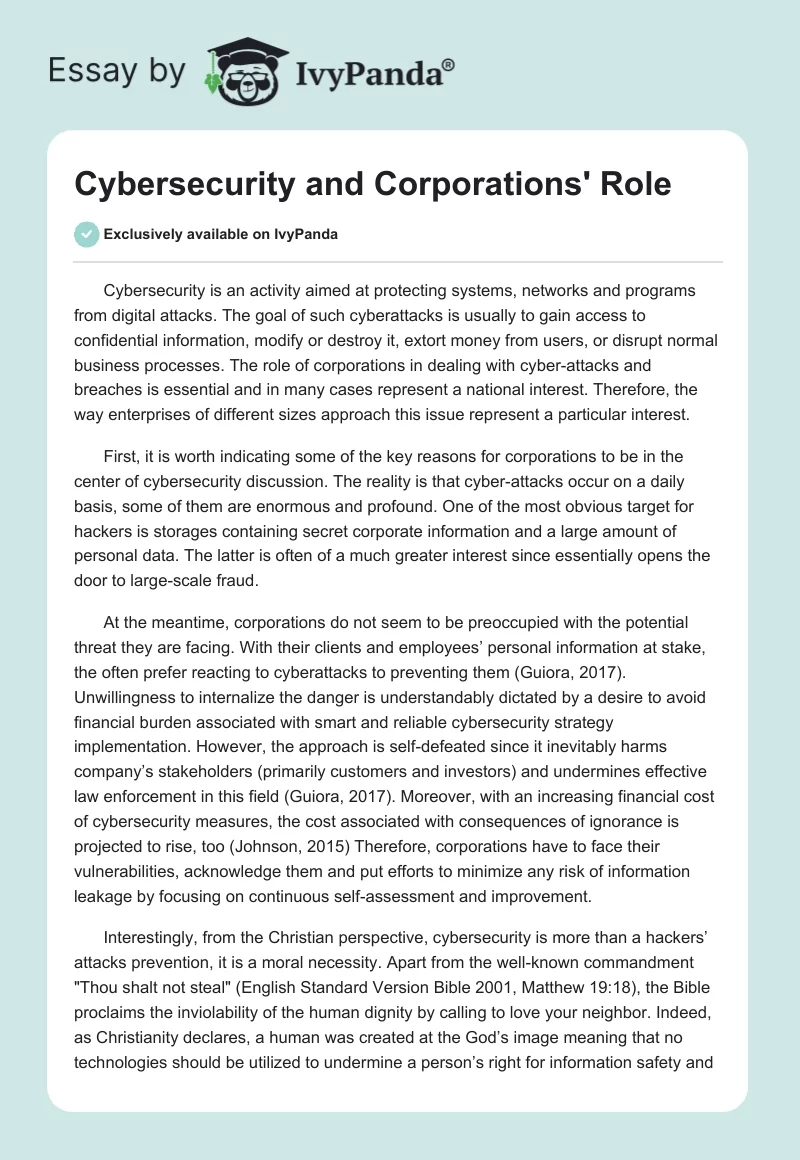 Cybersecurity and Corporations' Role. Page 1