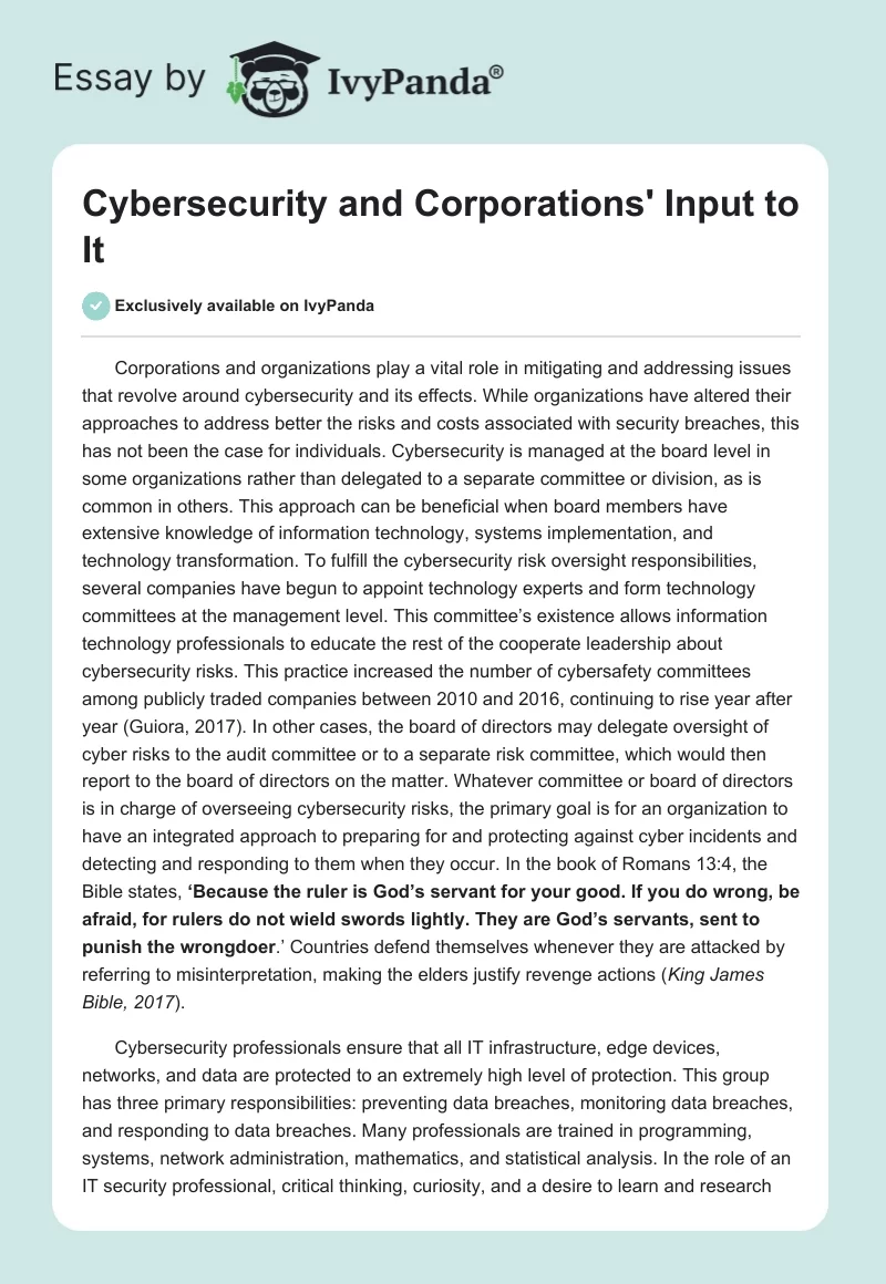 Cybersecurity and Corporations' Input to It. Page 1