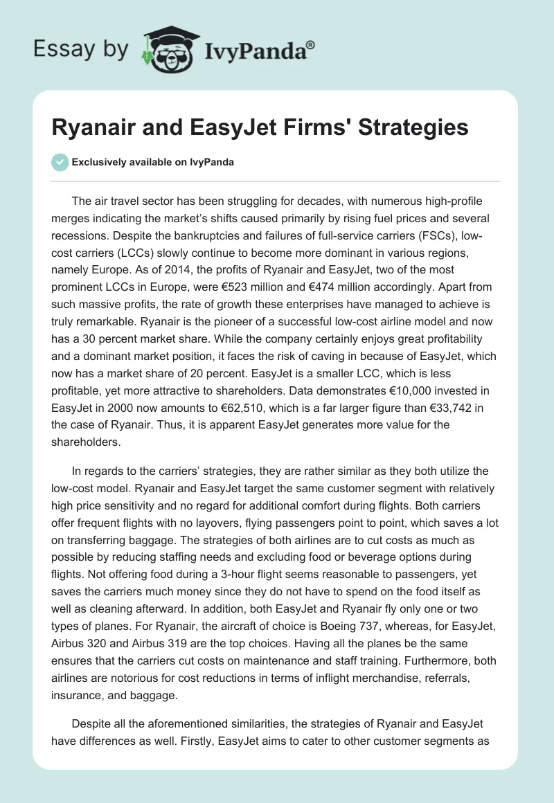 Ryanair and EasyJet Firms' Strategies. Page 1