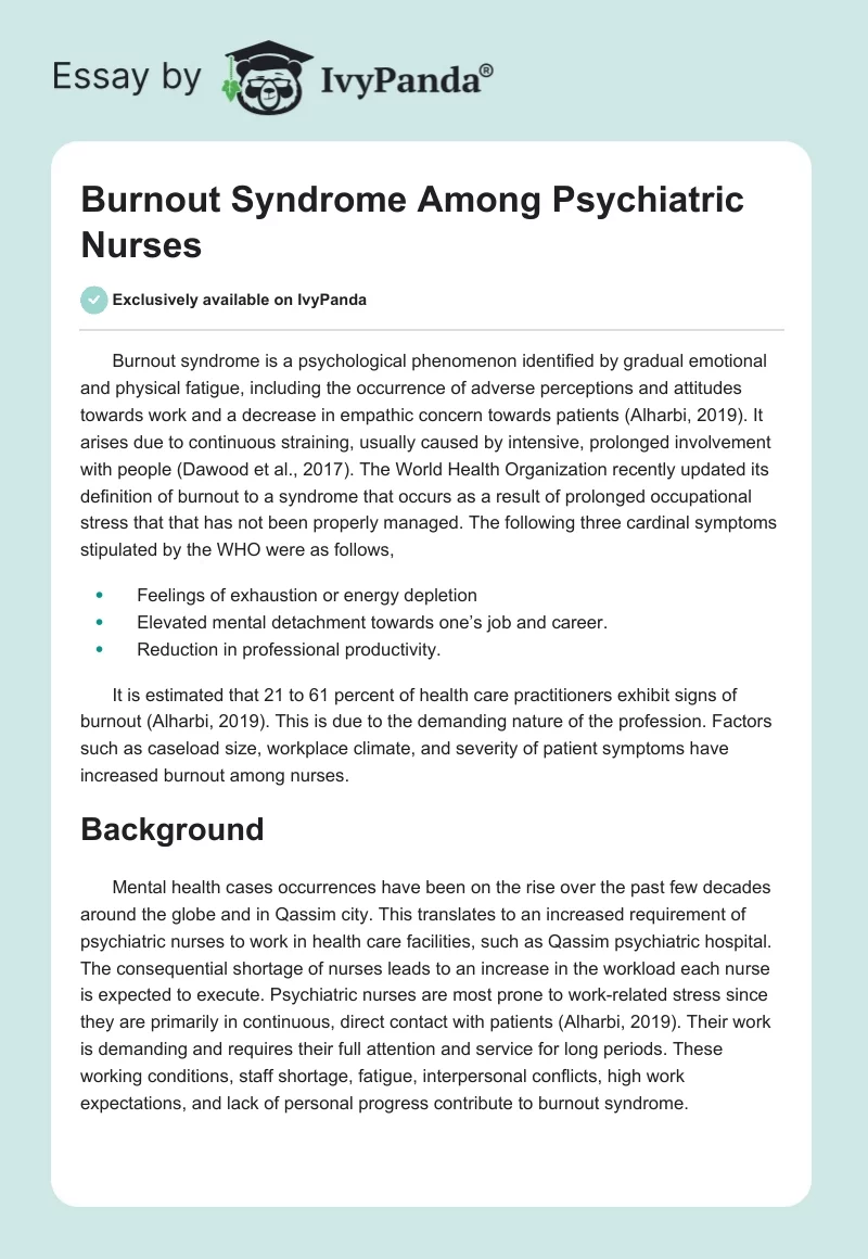Burnout Syndrome Among Psychiatric Nurses. Page 1