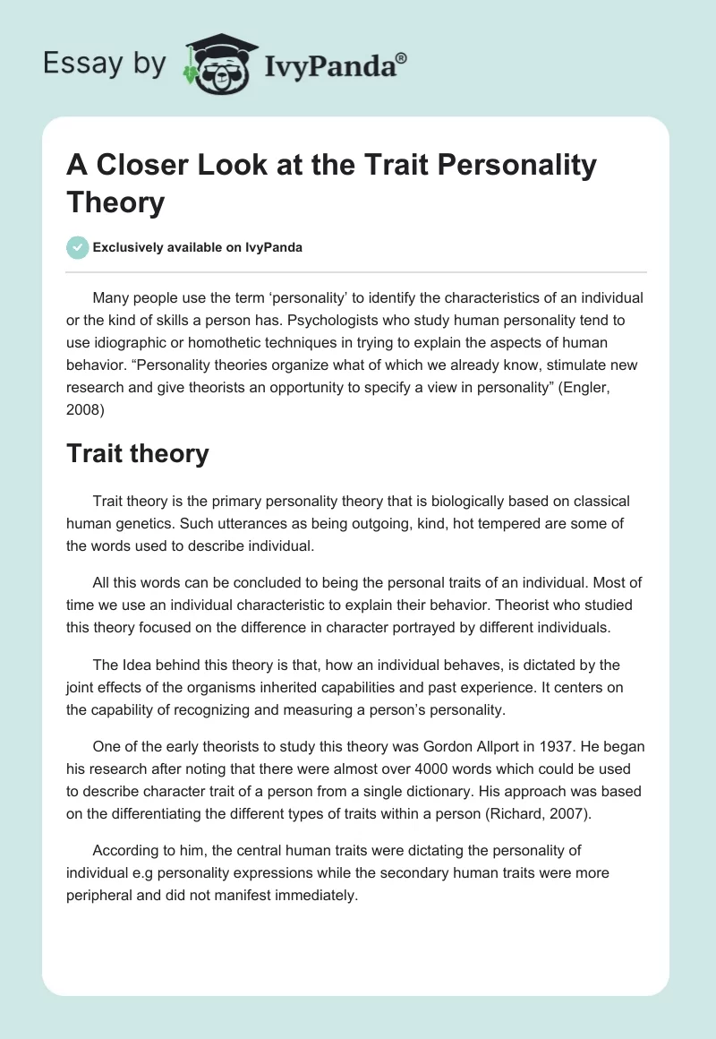 A Closer Look at the Trait Personality Theory. Page 1