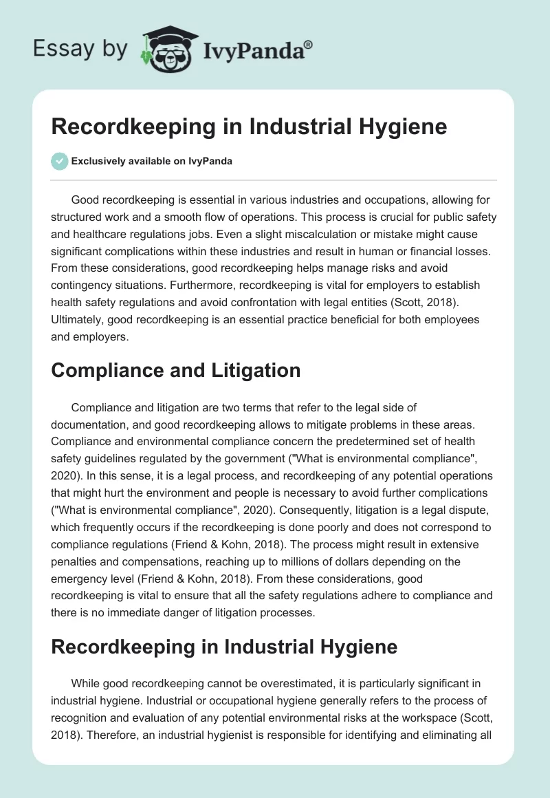 Recordkeeping in Industrial Hygiene. Page 1