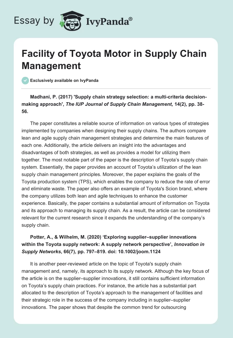 Facility of Toyota Motor in Supply Chain Management. Page 1