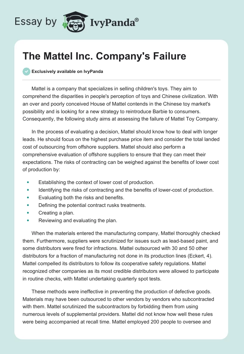 The Mattel Inc. Company's Failure. Page 1