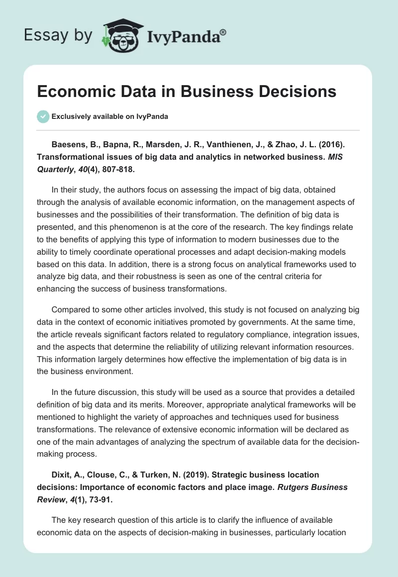 Economic Data in Business Decisions. Page 1