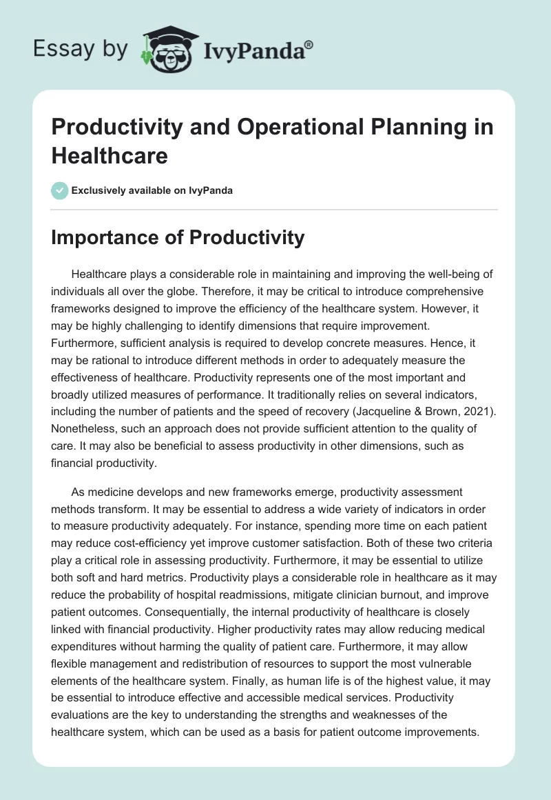 Productivity and Operational Planning in Healthcare. Page 1