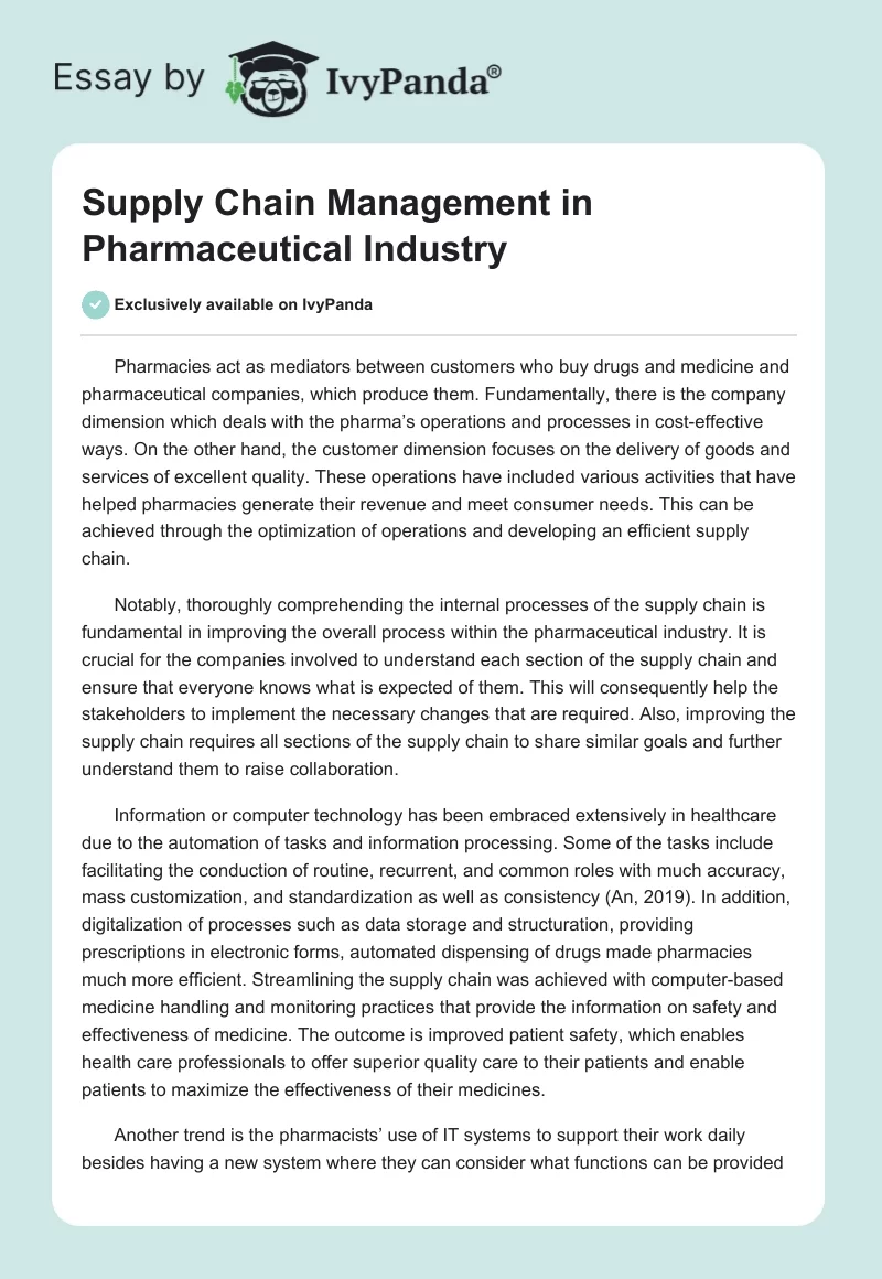 Supply Chain Management in Pharmaceutical Industry. Page 1