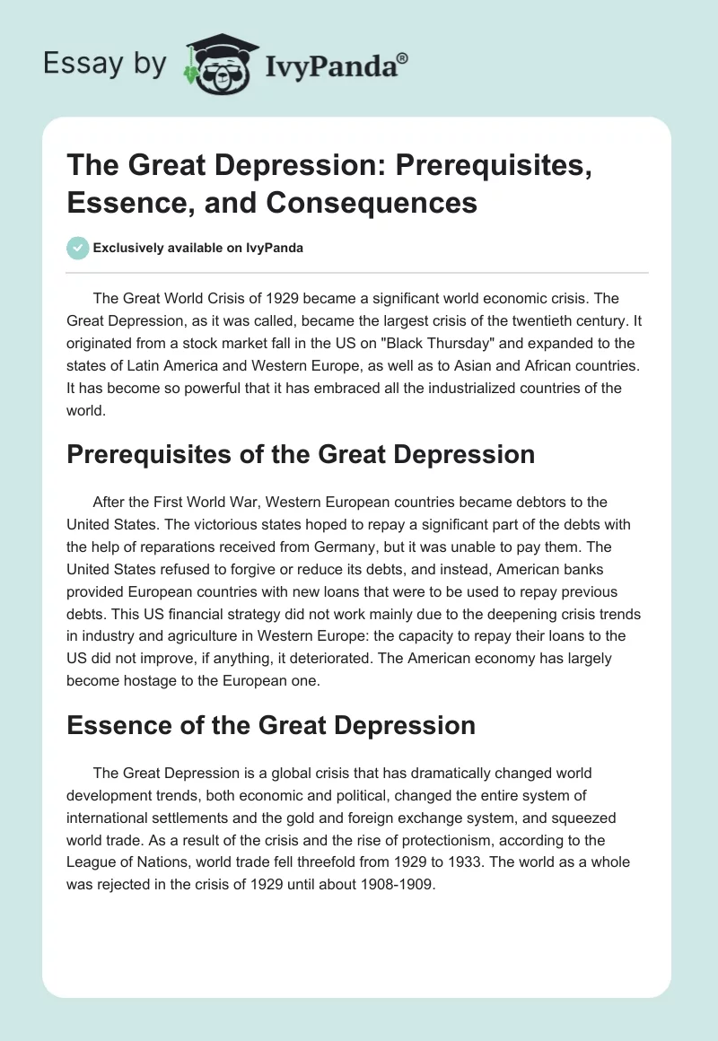 The Great Depression: Prerequisites, Essence, and Consequences. Page 1