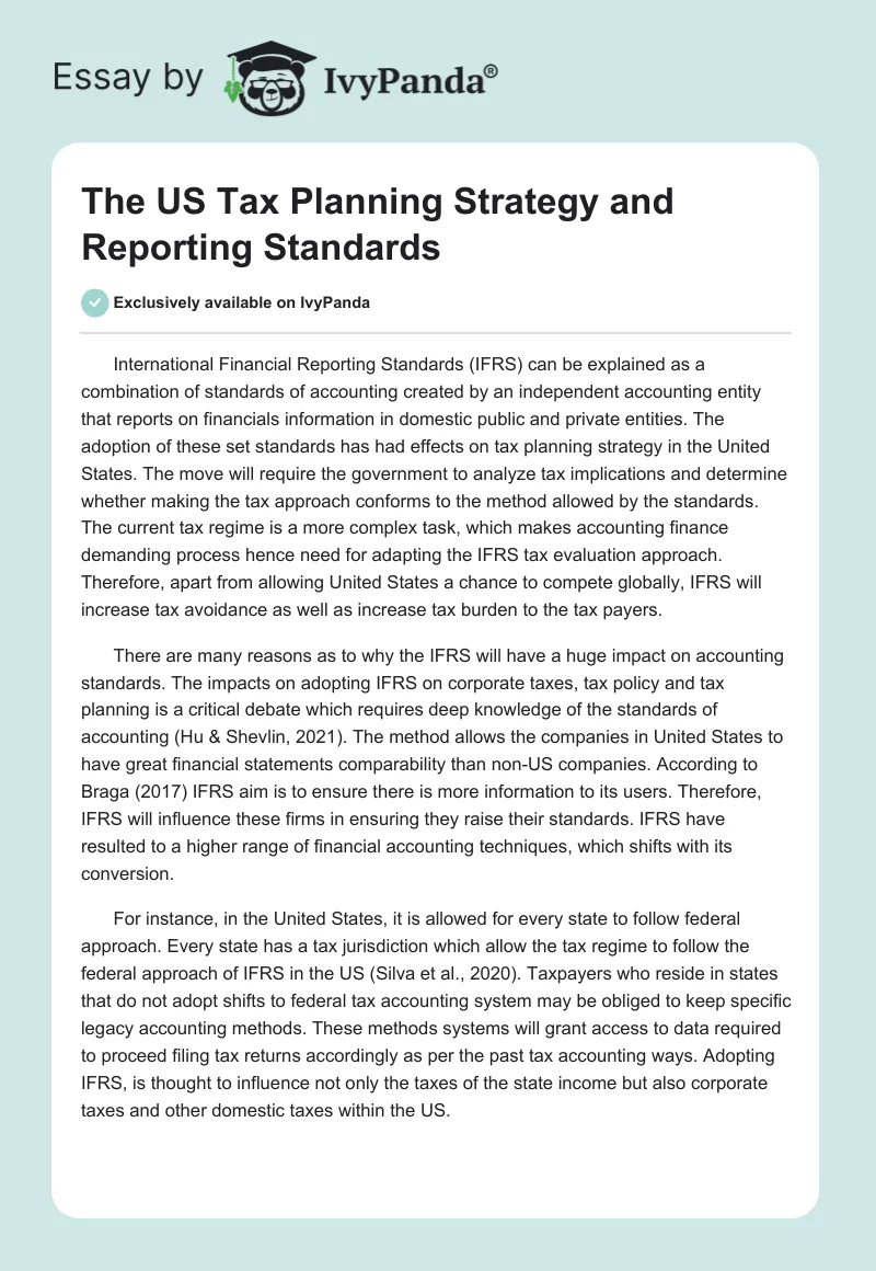 The US Tax Planning Strategy and Reporting Standards. Page 1