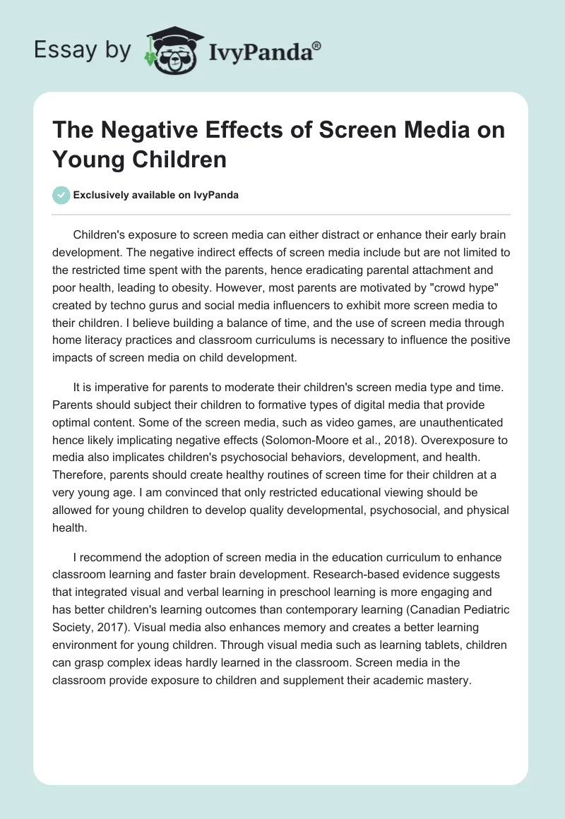 The Negative Effects of Screen Media on Young Children. Page 1