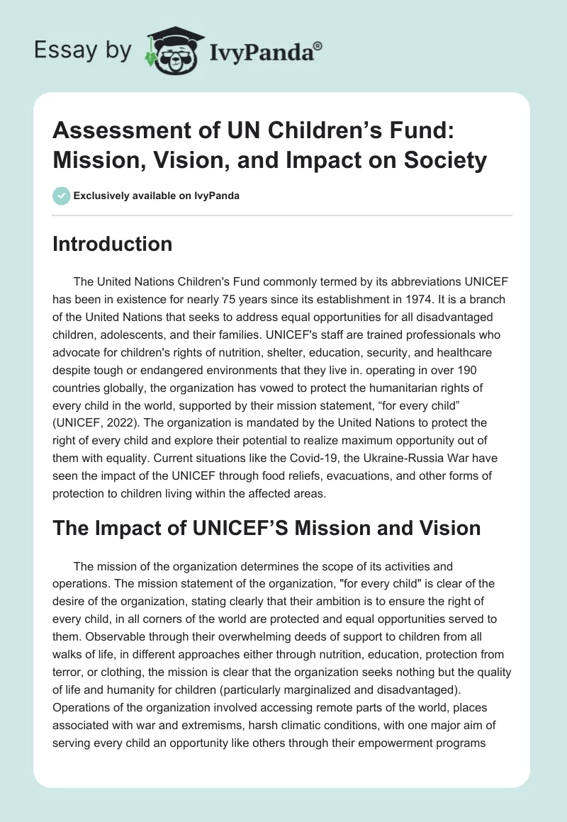 Assessment of UN Children’s Fund: Mission, Vision, and Impact on Society. Page 1