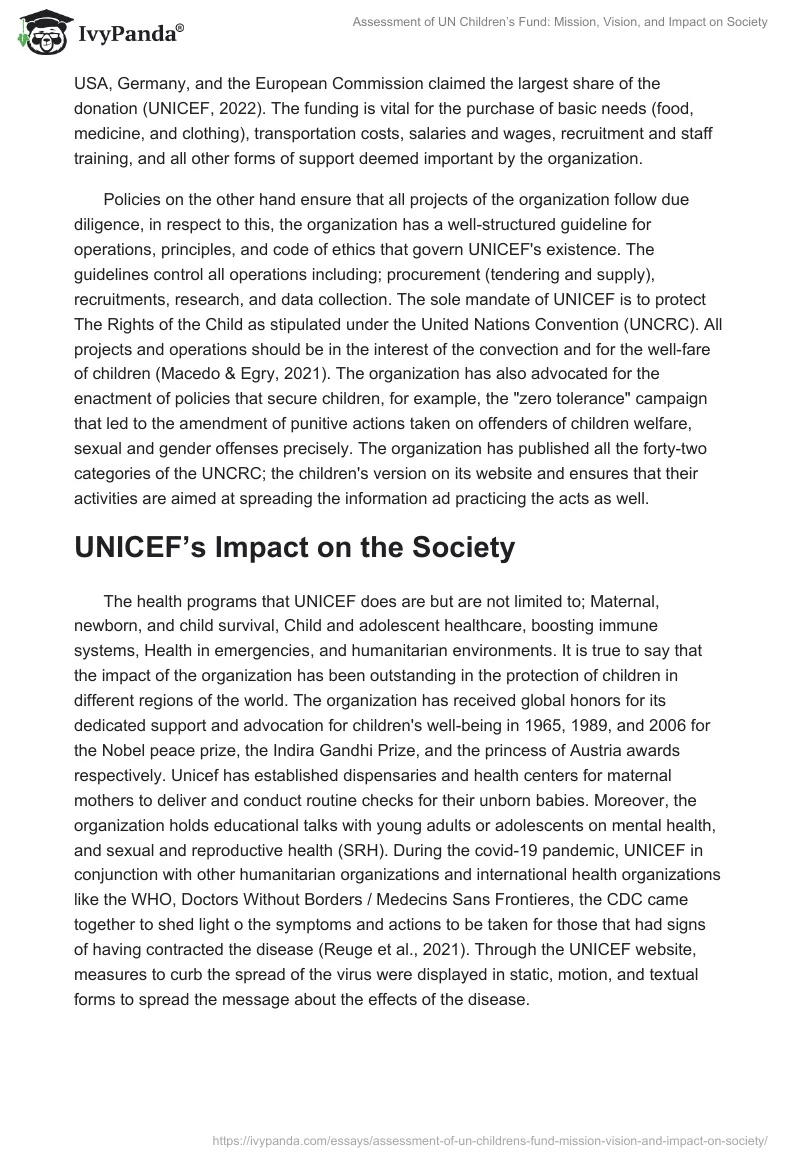 Assessment of UN Children’s Fund: Mission, Vision, and Impact on Society. Page 3