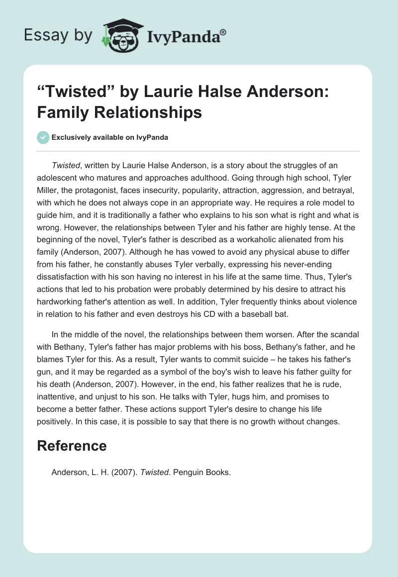 “Twisted” by Laurie Halse Anderson: Family Relationships. Page 1