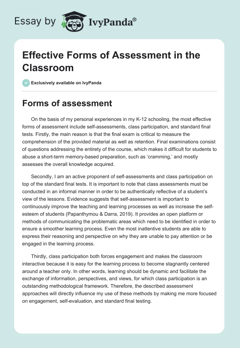 Effective Forms of Assessment in the Classroom. Page 1