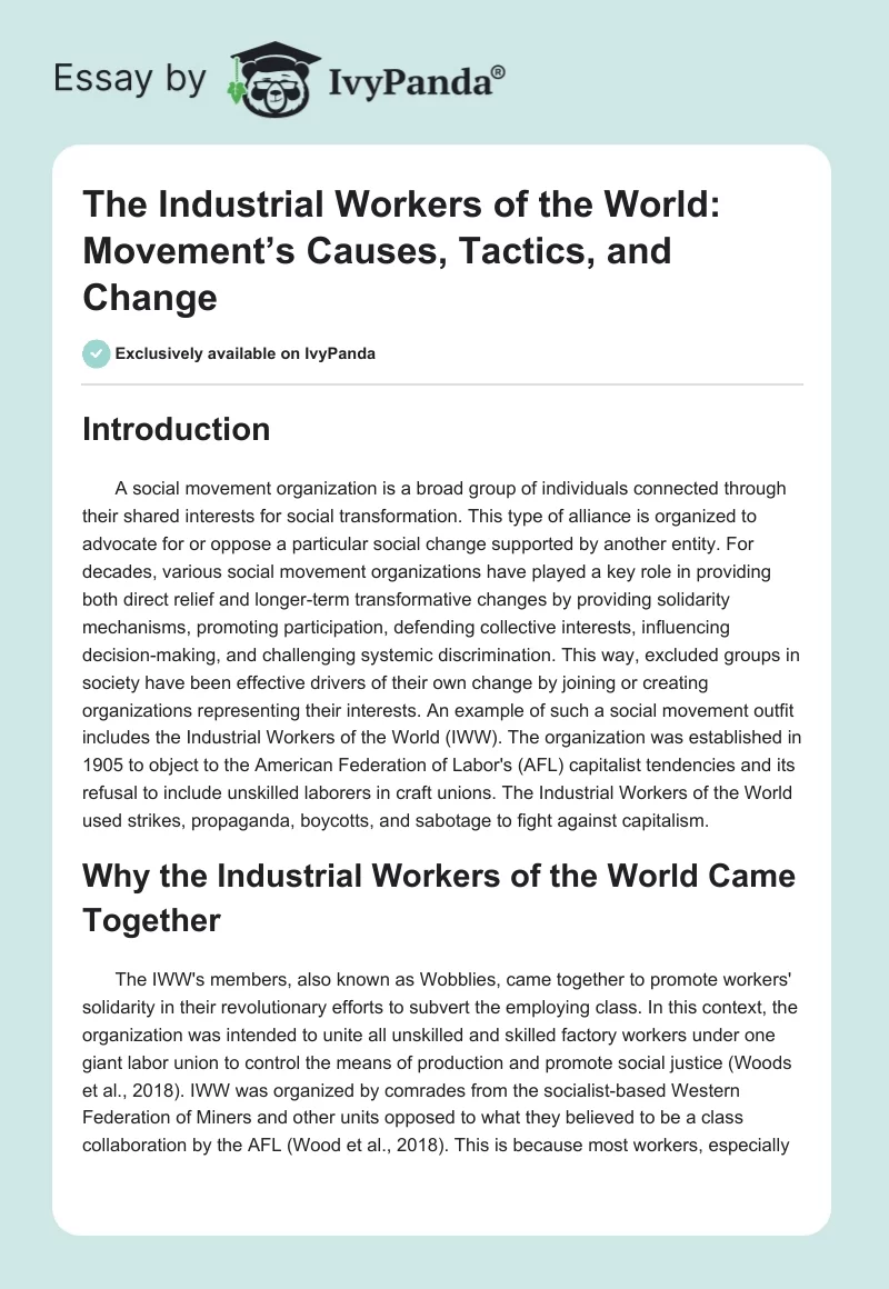 The Industrial Workers of the World: Movement’s Causes, Tactics, and Change. Page 1