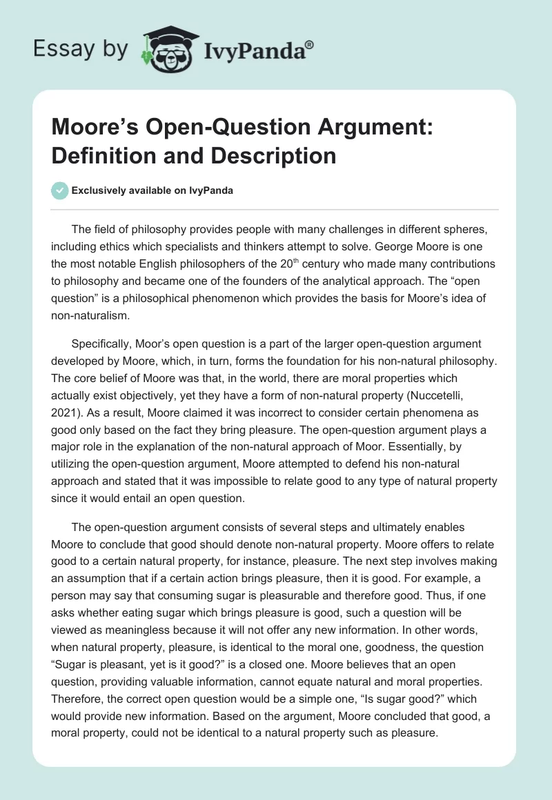 Moore’s Open-Question Argument: Definition and Description. Page 1