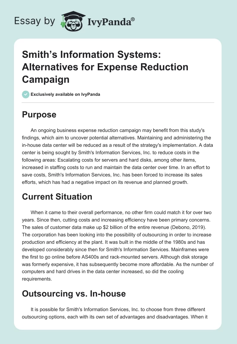 Smith’s Information Systems: Alternatives for Expense Reduction Campaign. Page 1