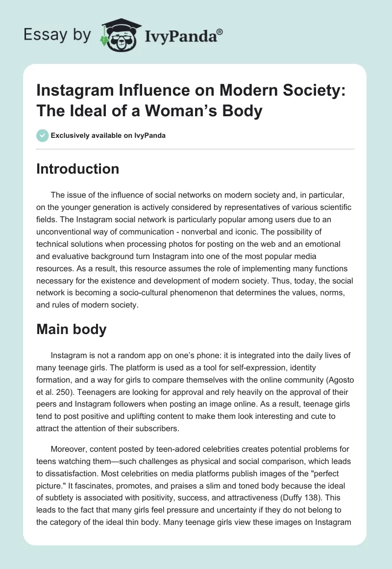 Instagram Influence on Modern Society: The Ideal of a Woman’s Body. Page 1