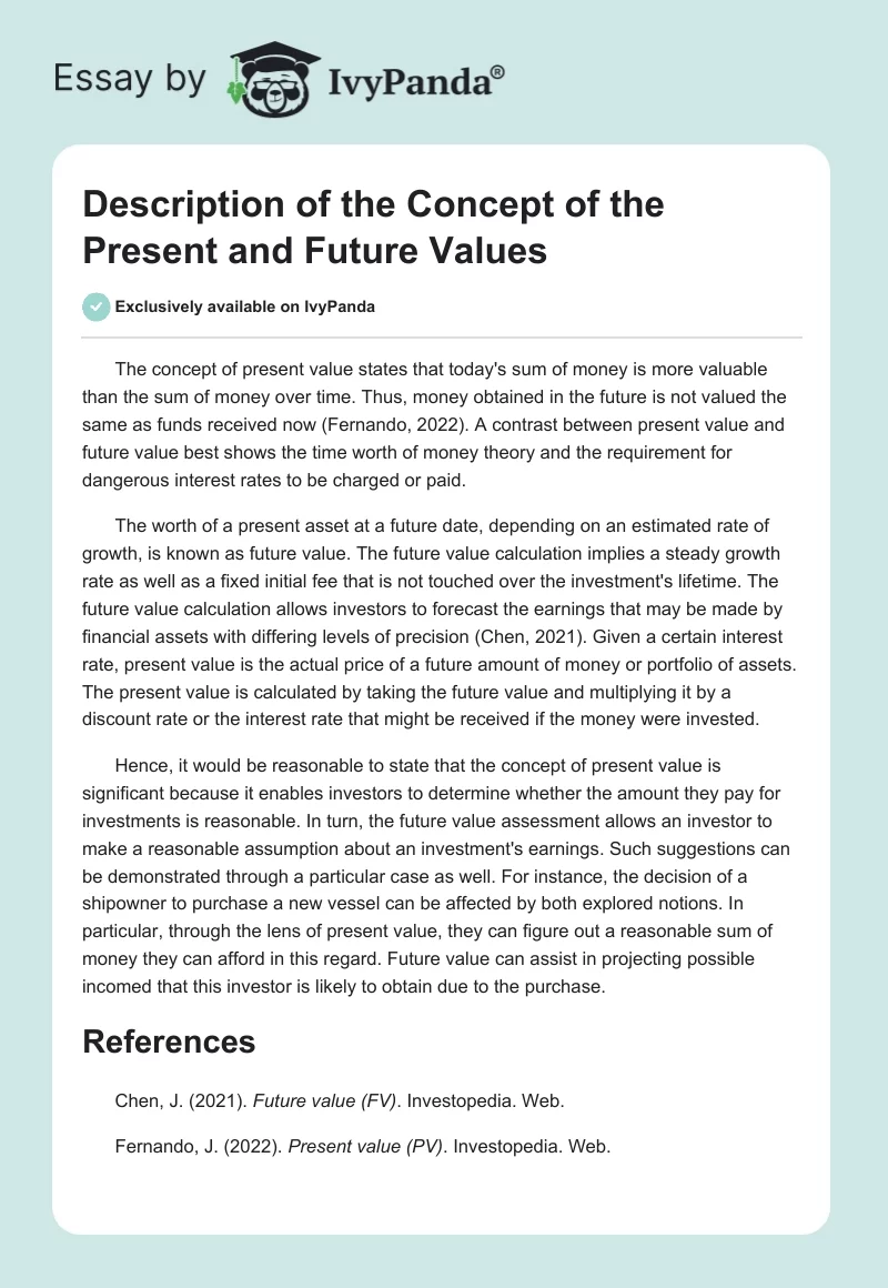 Description of the Concept of the Present and Future Values. Page 1