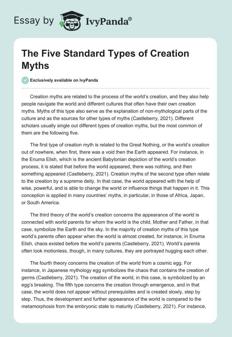 The Five Standard Types of Creation Myths. Page 1
