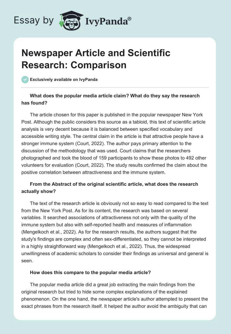 Newspaper Article and Scientific Research: Comparison. Page 1