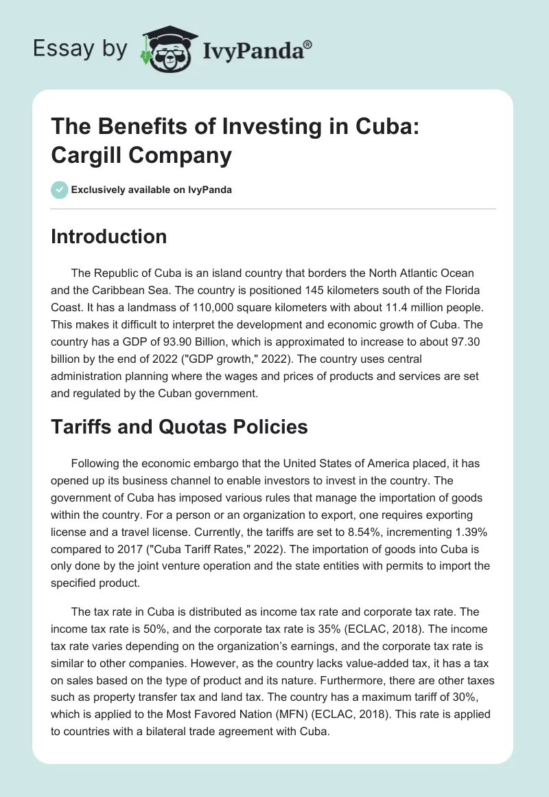 The Benefits of Investing in Cuba: Cargill Company. Page 1