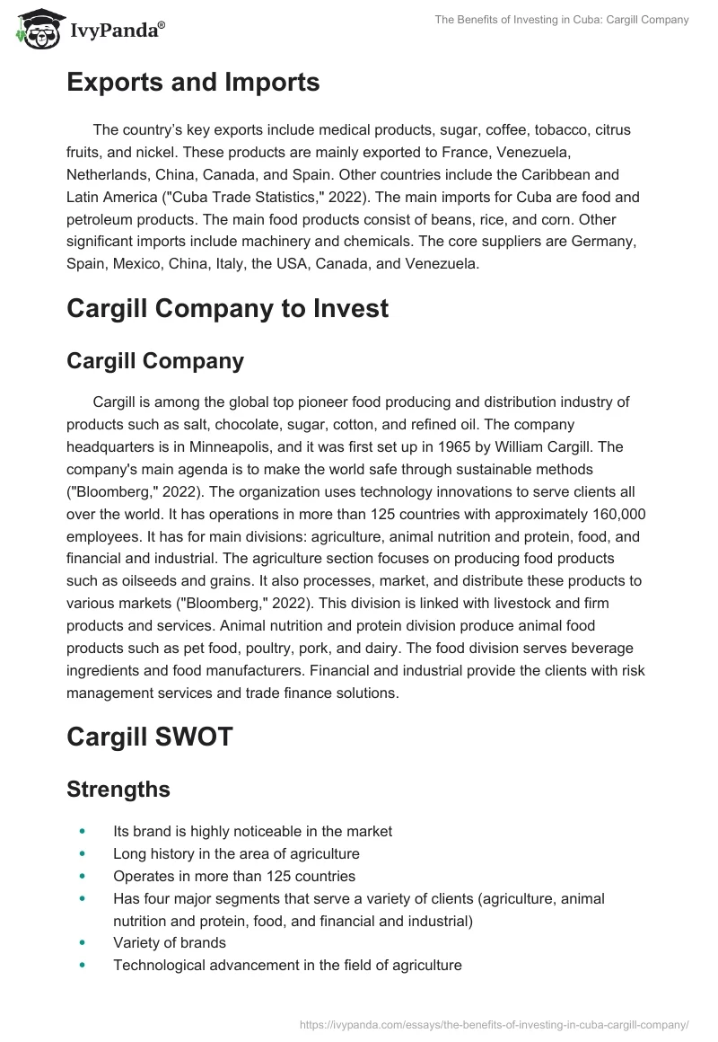 The Benefits of Investing in Cuba: Cargill Company. Page 3