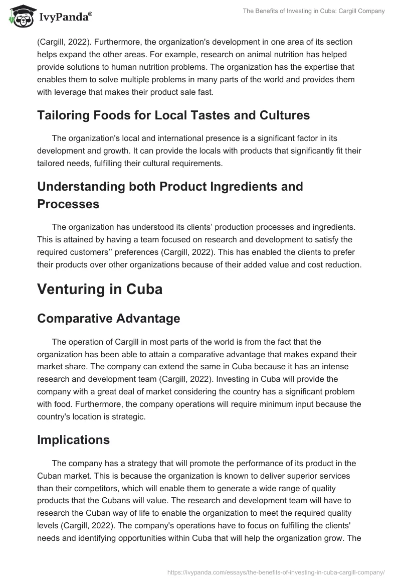 The Benefits of Investing in Cuba: Cargill Company. Page 5