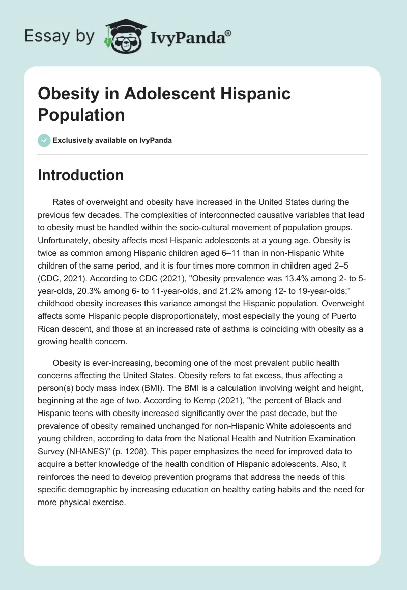Obesity in Adolescent Hispanic Population. Page 1
