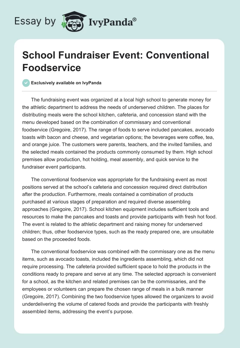 School Fundraiser Event: Conventional Foodservice. Page 1