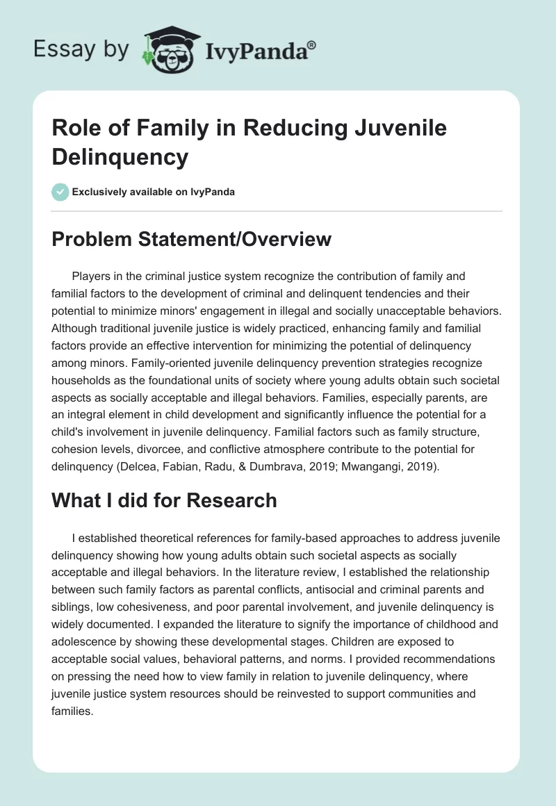 Role of Family in Reducing Juvenile Delinquency. Page 1