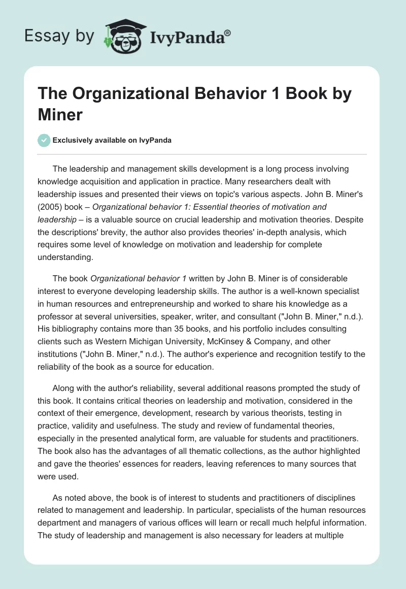 The "Organizational Behavior 1" Book by Miner. Page 1