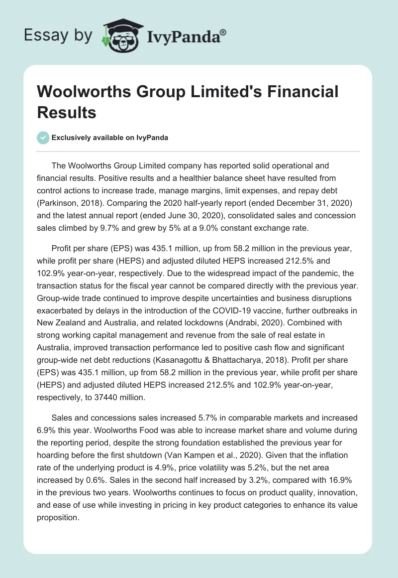 Woolworths Group Limited's Financial Results. Page 1