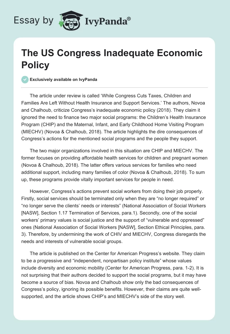 The US Congress Inadequate Economic Policy. Page 1