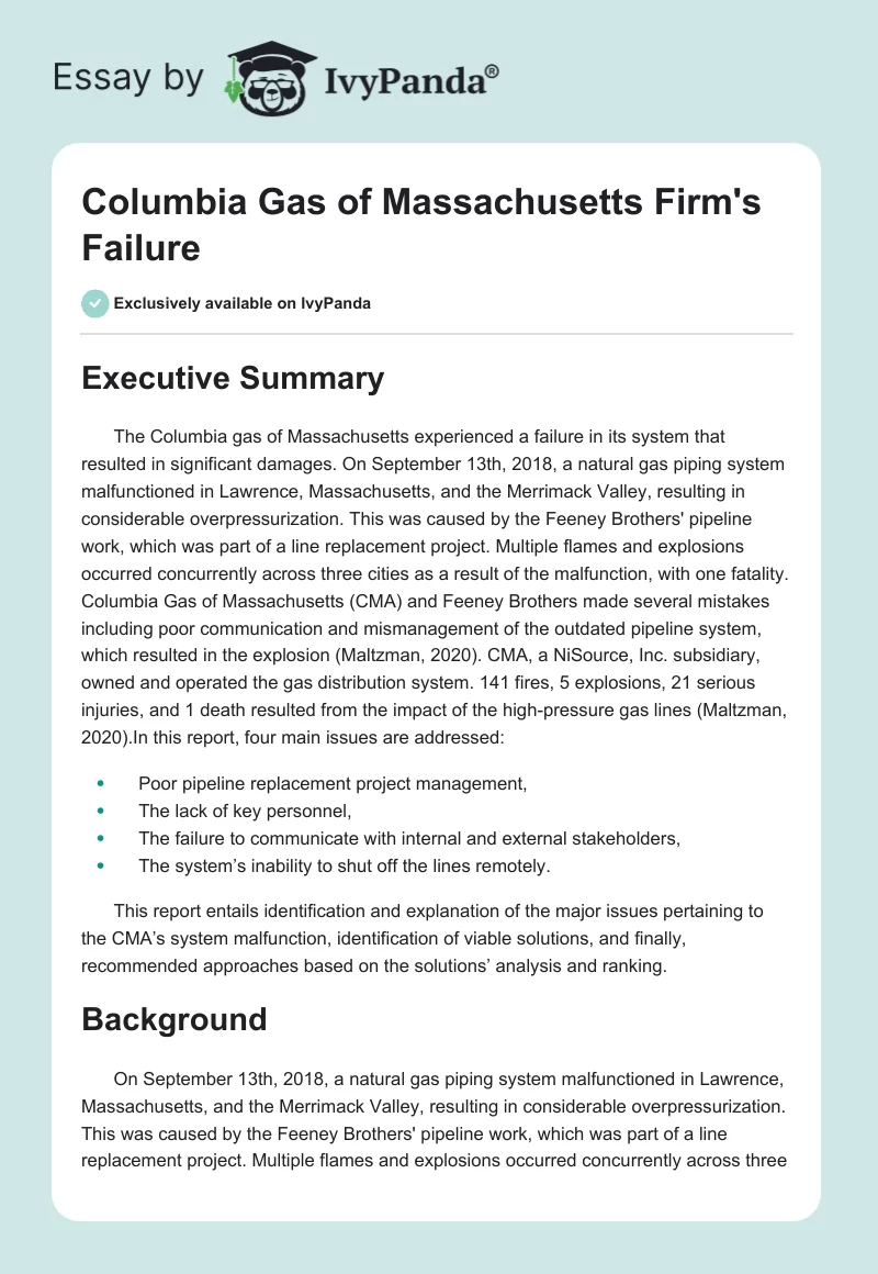 Columbia Gas of Massachusetts Firm's Failure. Page 1