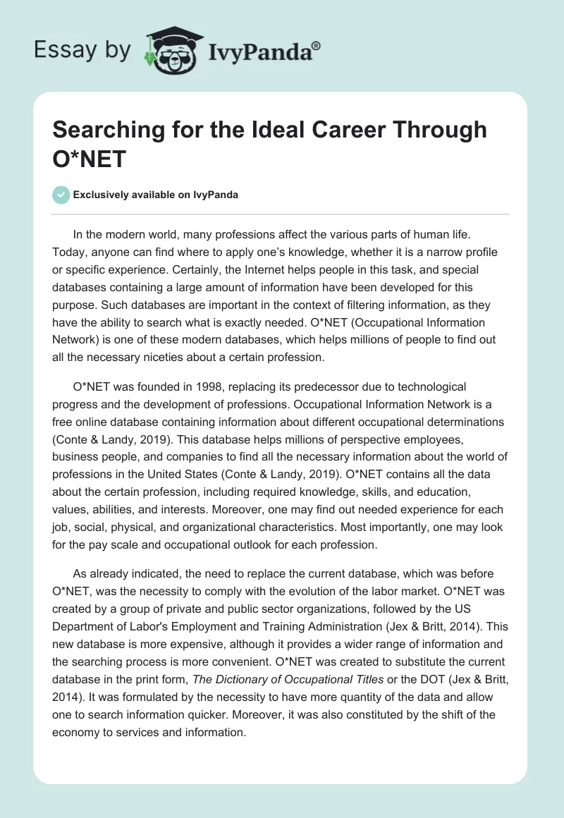 Searching for the Ideal Career Through O*NET. Page 1