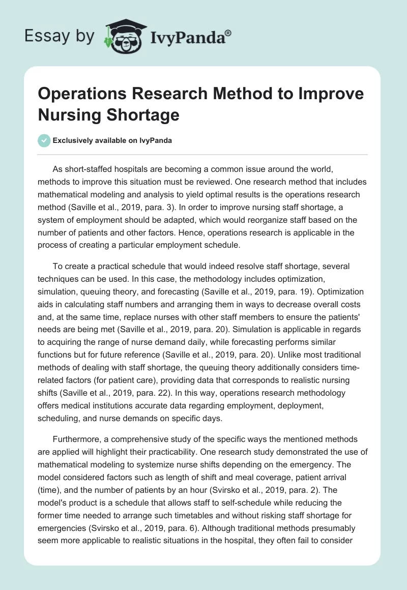 Operations Research Method to Improve Nursing Shortage. Page 1