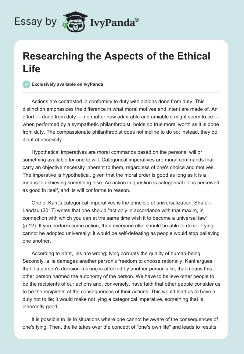 Researching the Aspects of the Ethical Life. Page 1